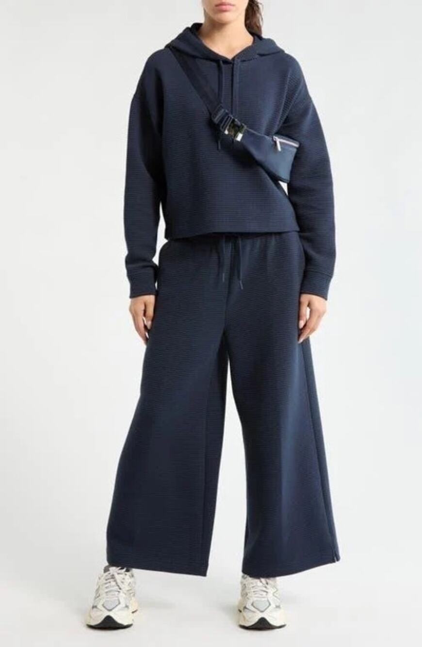 Zella Set Ottoman Ribbed Hoodie with Ottoman Wide Leg Ankle Pants in Blue size S